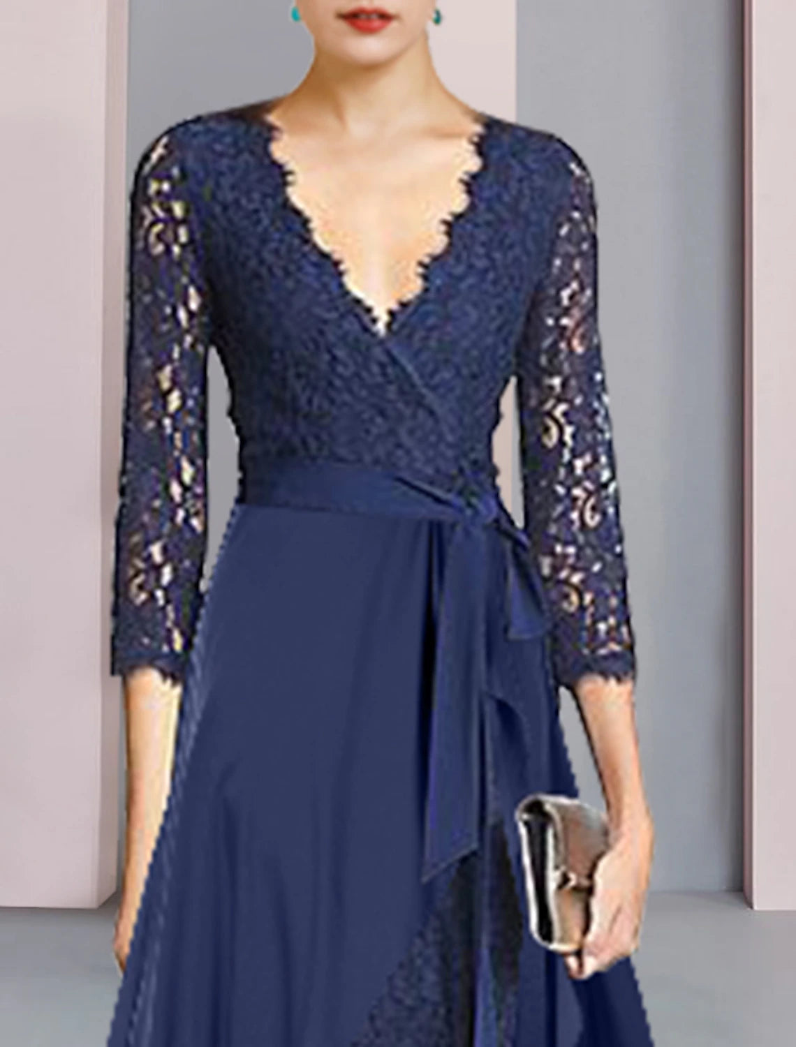 Luolandi Two Piece Sheath / Column Mother of the Bride Dress Formal Wedding Guest Elegant V Neck Knee Length Chiffon Lace 3/4 Length Sleeve